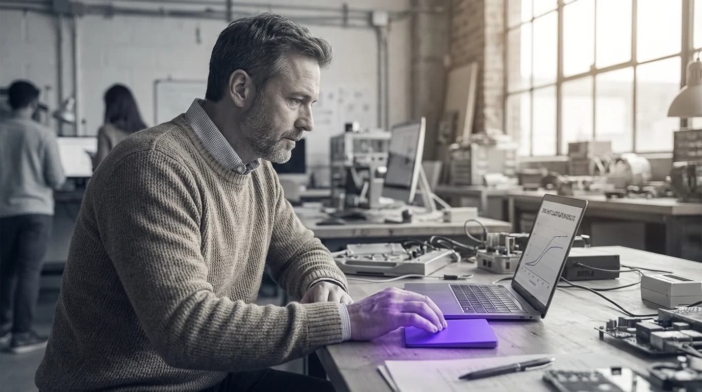 Leere Trainingstafel vor einem violett leuchtenden KI-Modell das sofort Aufgaben löst