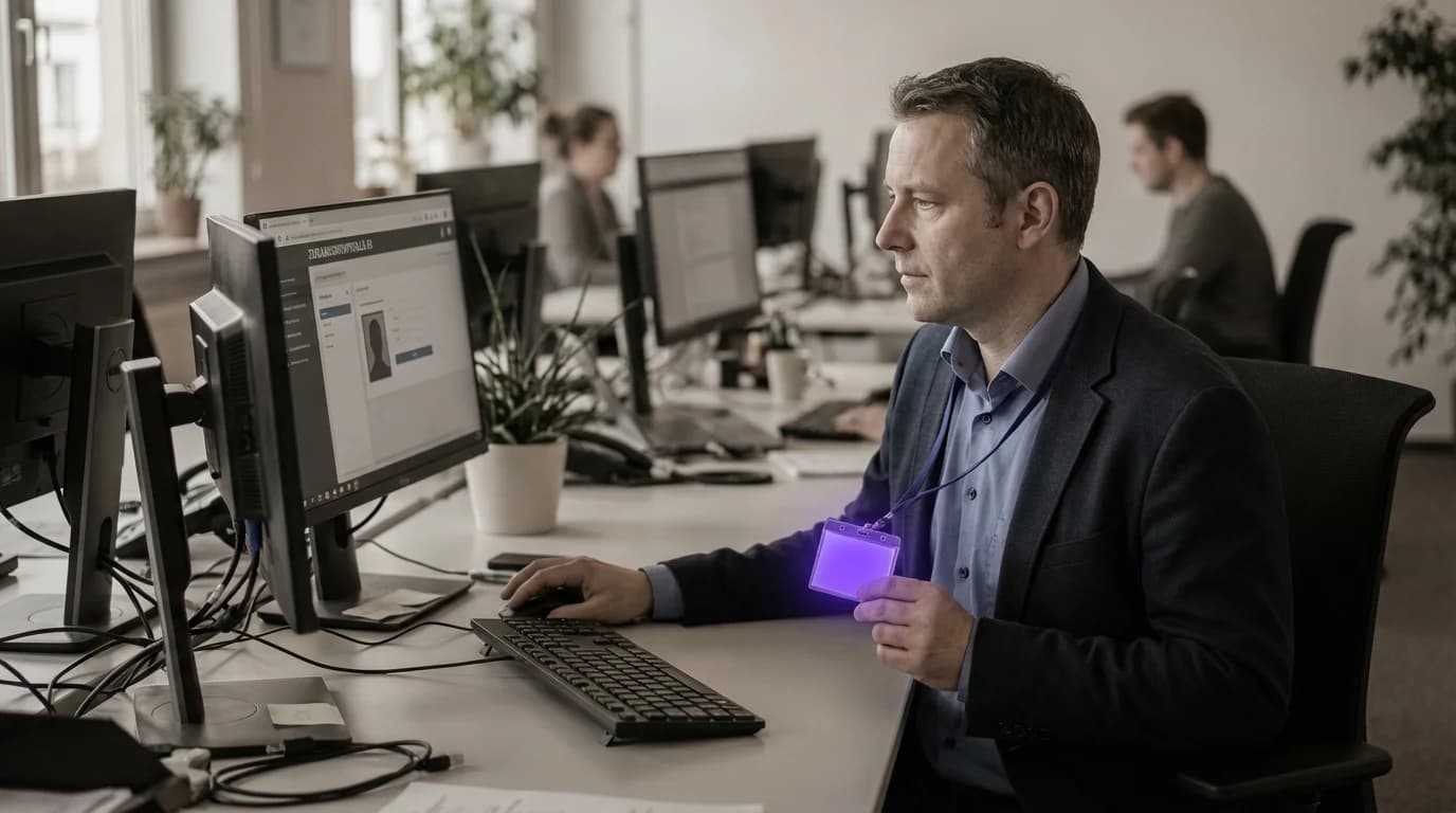 Biometrischer Scanner mit violett leuchtenden Berechtigungsstufen vor einem KI-System