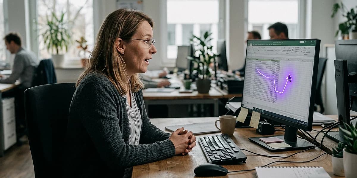KI bedient eigenständig eine Tabellenkalkulationssoftware auf einem Desktop-Monitor in einem modernen Büro
