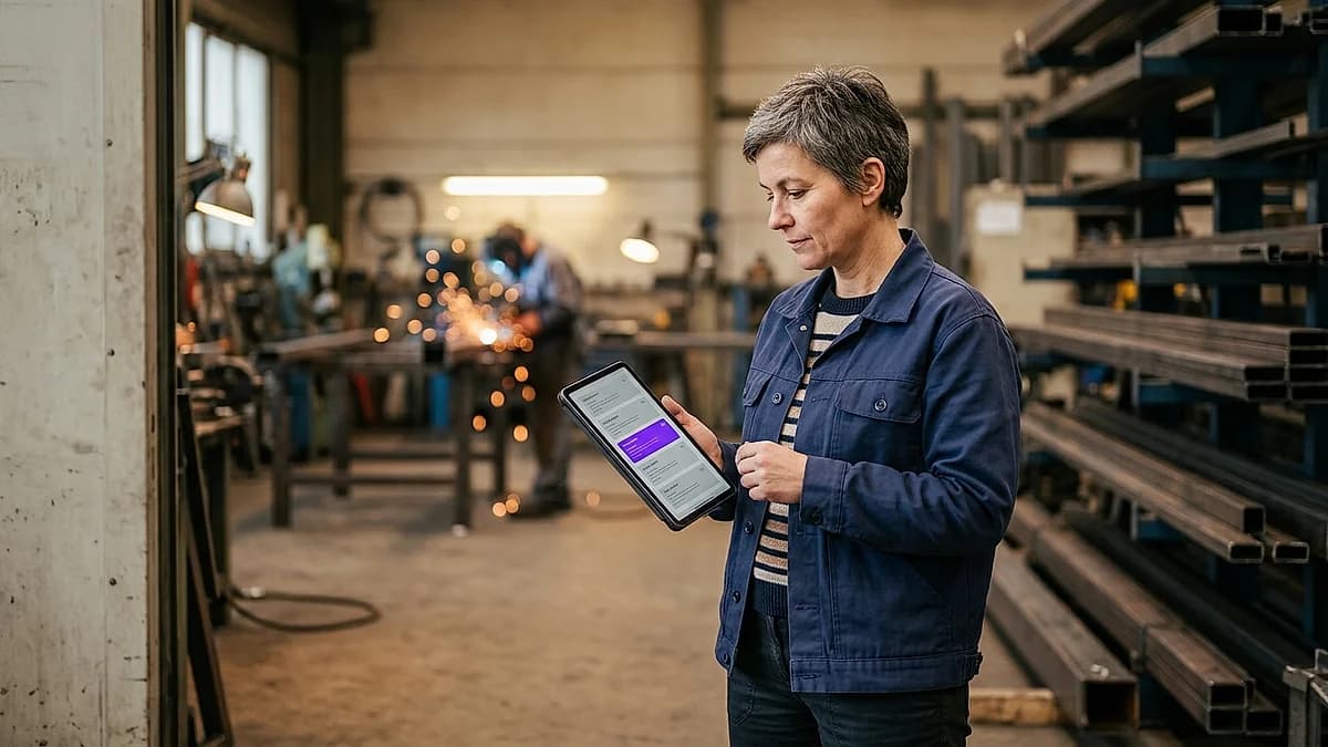 Betriebsleiterin sichtet Bewerbungen auf einem Tablet am Rand einer Werkhalle, KI im Recruiting im Mittelstand