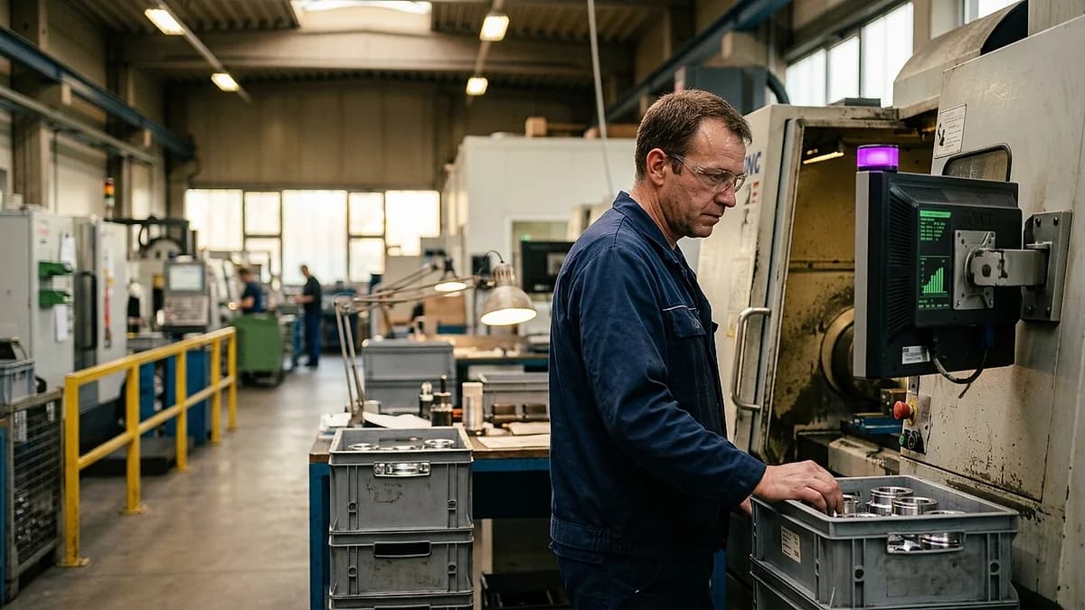 Maschinenbediener prüft den KI-Statusmonitor an einer CNC-Maschine, KI in der Produktion im Mittelstand