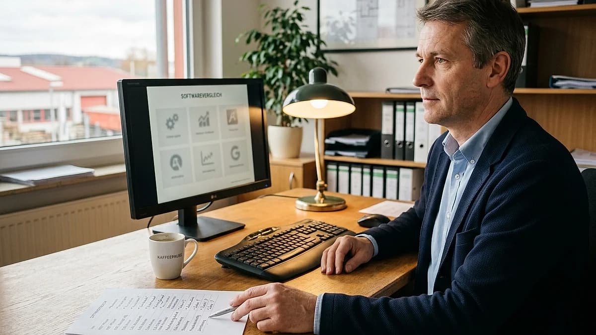 KI-Tools 2026 für den Mittelstand: Futuristischer Arbeitsplatz mit mehreren holografischen Tool-Interfaces in violettem Licht