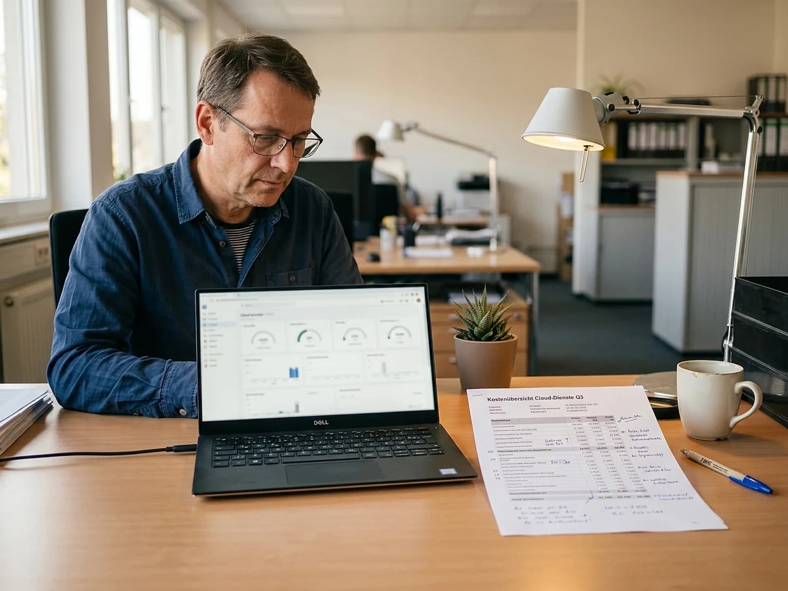 Schwebende Cloud-Server-Architektur mit violetten Lichtstrahlen in einem dunklen Himmel