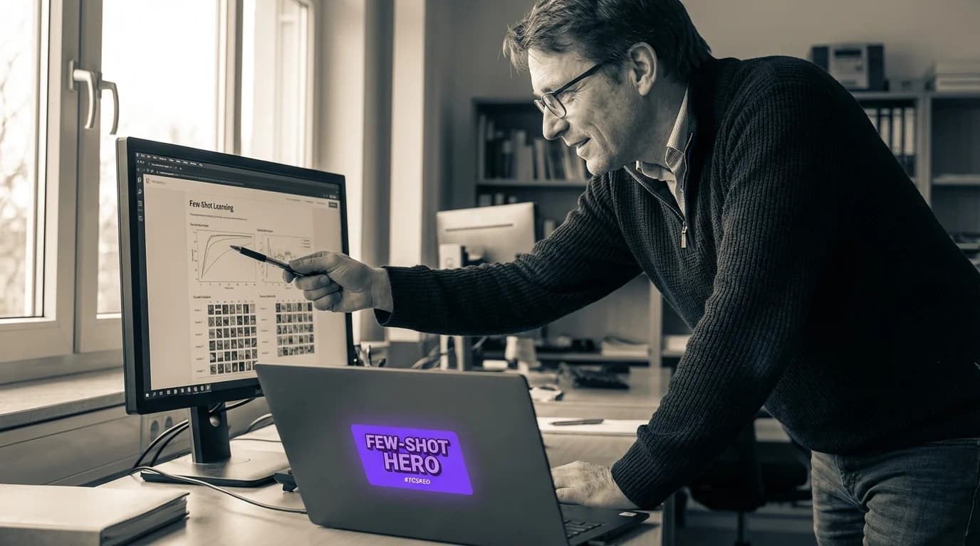 Drei leuchtende Beispiel-Karten die in ein violettes KI-Netzwerk einfließen
