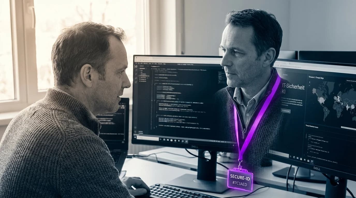 Digitales Schutzschild mit violetten Codezeilen und Sicherheitssymbolen vor dunklem Hintergrund