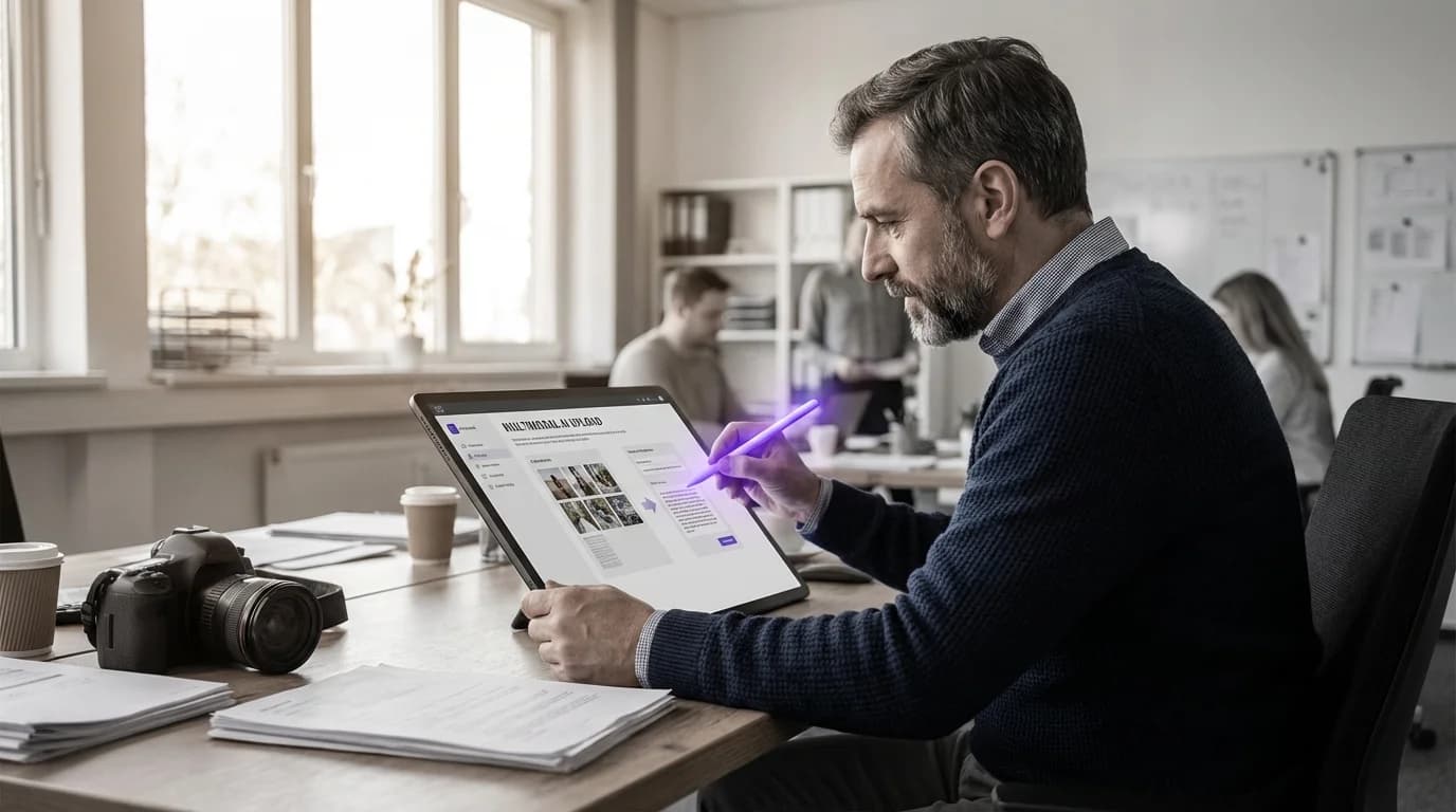 Verschmelzende Medienströme aus Text, Bild und Audio in violettem Licht vor dunklem Hintergrund