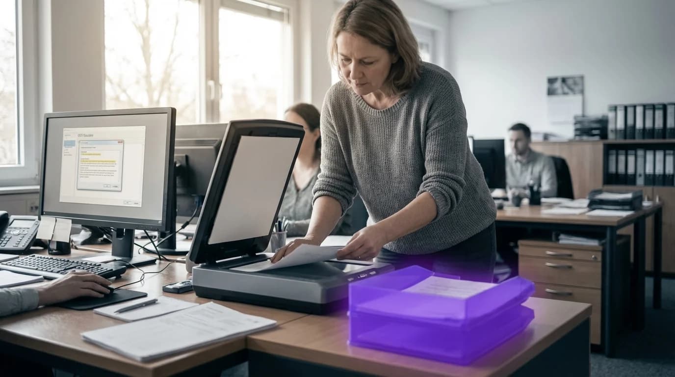 Scanner-Strahl der über ein Dokument faehrt und Buchstaben in violett leuchtende digitale Zeichen umwandelt
