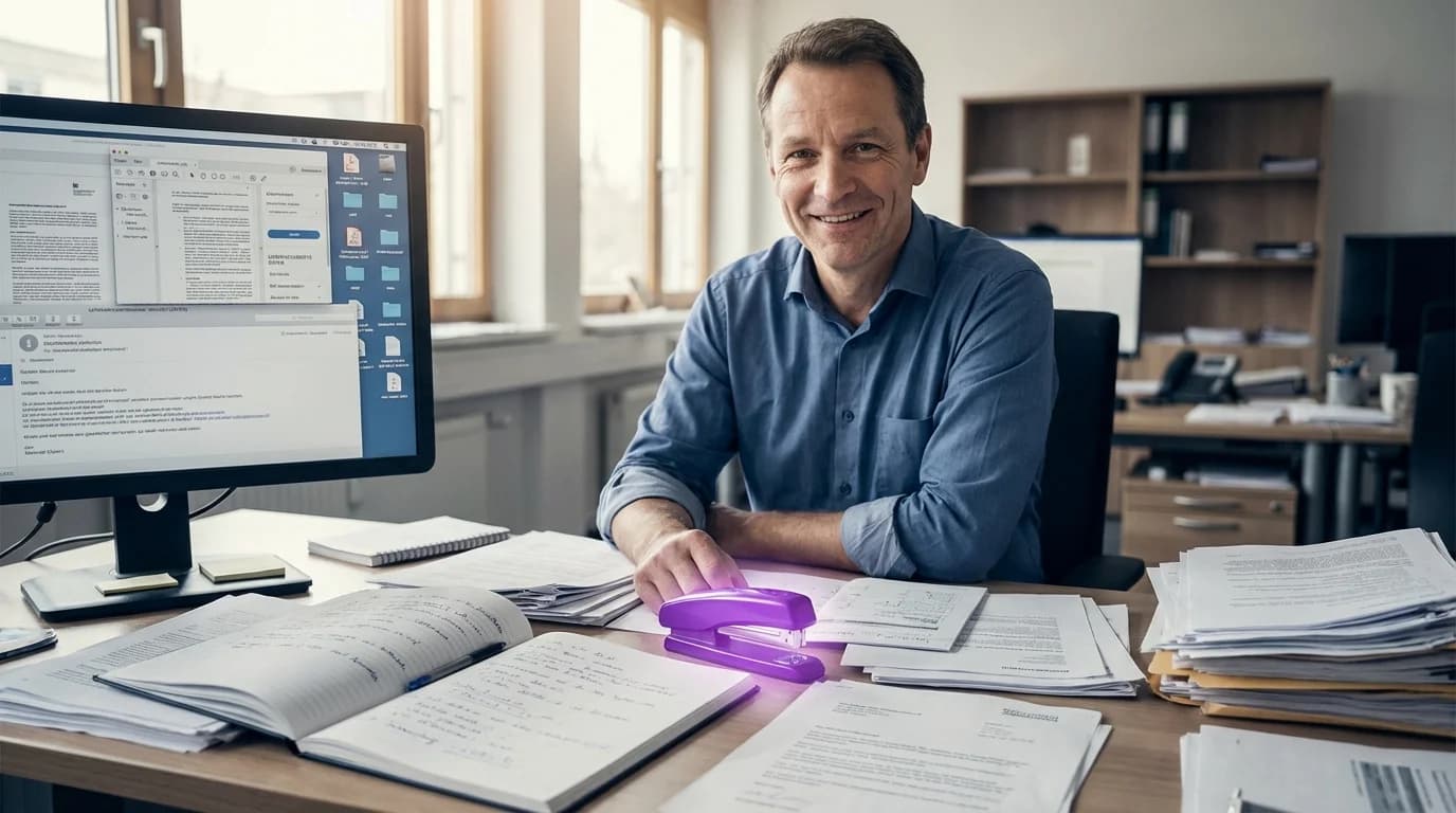 Chaotisches Meer aus Dokumenten, E-Mails und Bildern das durch violettes KI-Licht geordnet wird