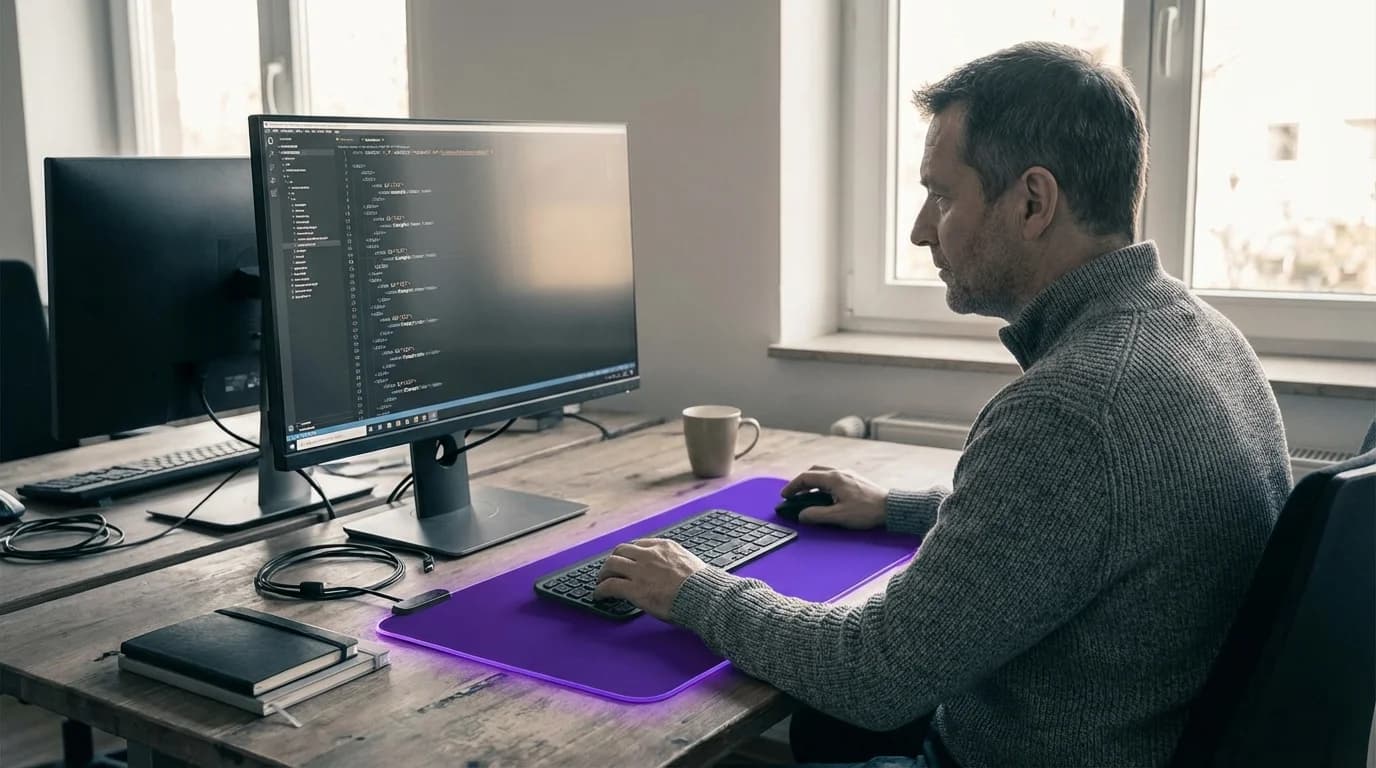 Hierarchische XML-Baumstruktur mit violett leuchtenden Tags und Datenknoten