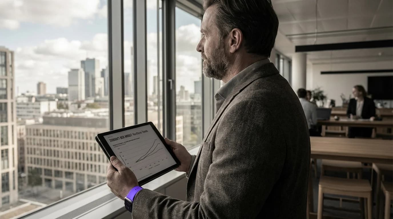 Futuristischer Arbeitsplatz mit KI-Assistenten und violett leuchtenden Hologramm-Displays