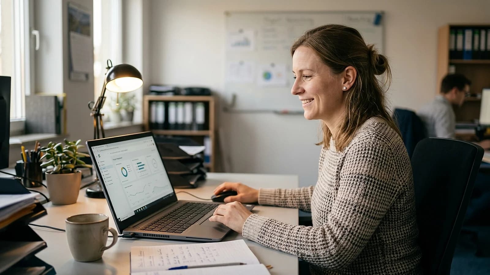 Mitarbeiterin nutzt zufrieden eine schlichte, eigene Web-App am Laptop