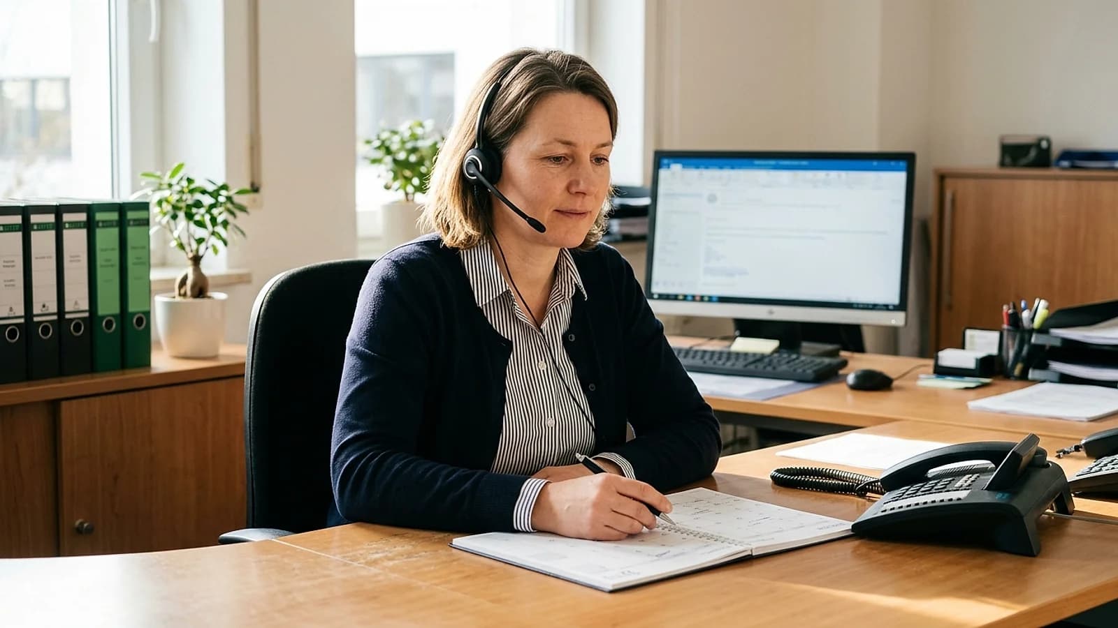 Empfangsmitarbeiterin mit Headset nimmt entspannt einen Anruf an