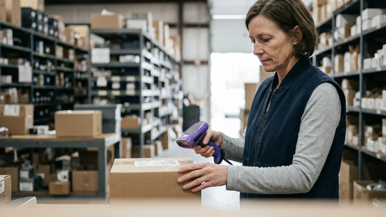 Frau Anfang vierzig scannt in einem Ersatzteillager ein Paketetikett, einziger Farbakzent ist der violette Handscanner