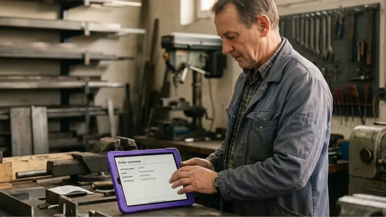 Mann Ende fünfzig in einer Metallwerkstatt sieht auf ein Tablet mit Auftragsübersicht, einziger Farbakzent ist die violette Tablet-Hülle