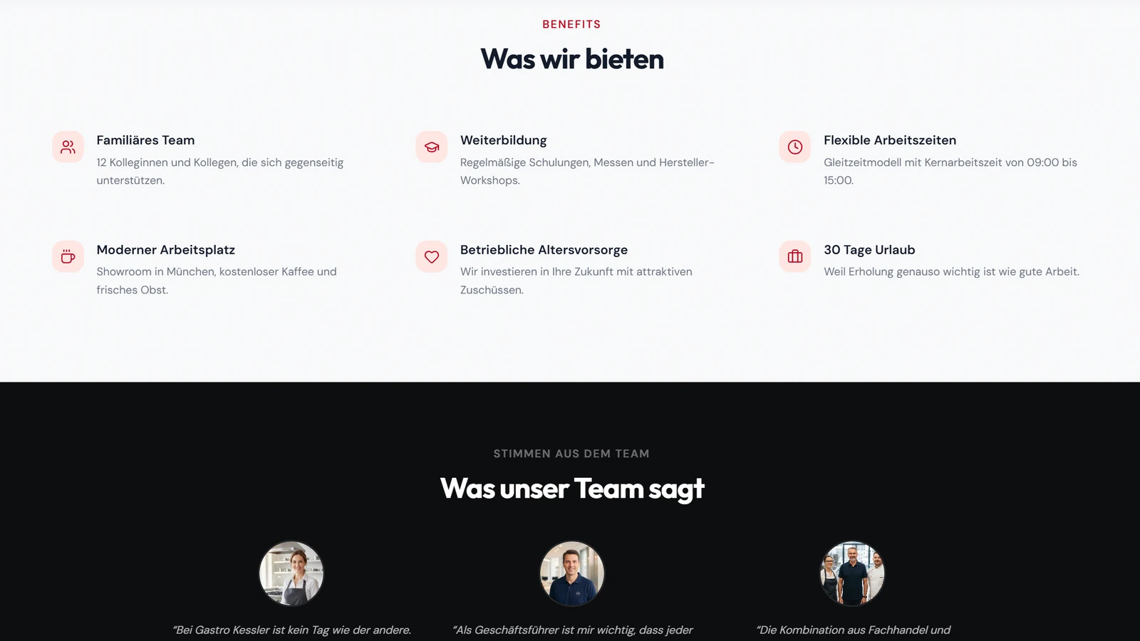 Karriereseite mit sechs Vorteilen für Bewerber und drei Stimmen aus dem Team