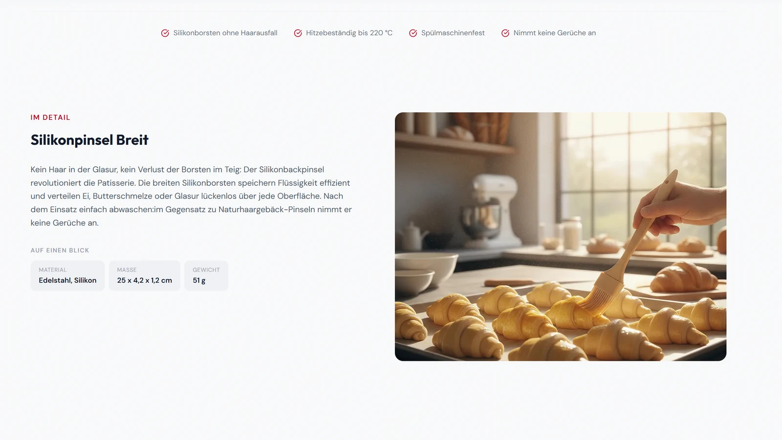 Produktseite mit Beschreibung, Material, Maßen und Gewicht neben dem Anwendungsbild