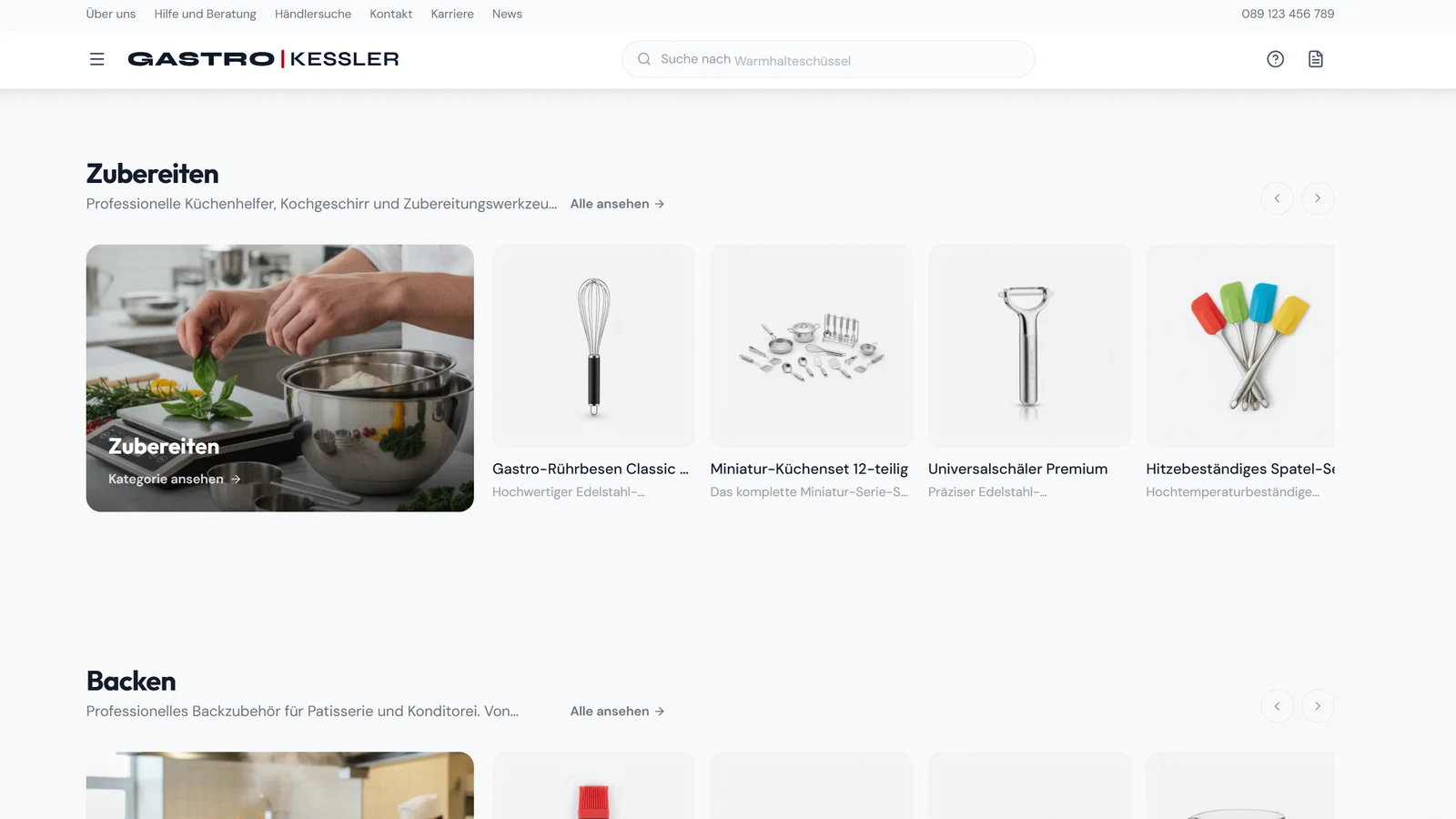 Das Sortiment nach Bereichen sortiert: je Bereich ein Bild und daneben die Produkte zum Durchblättern