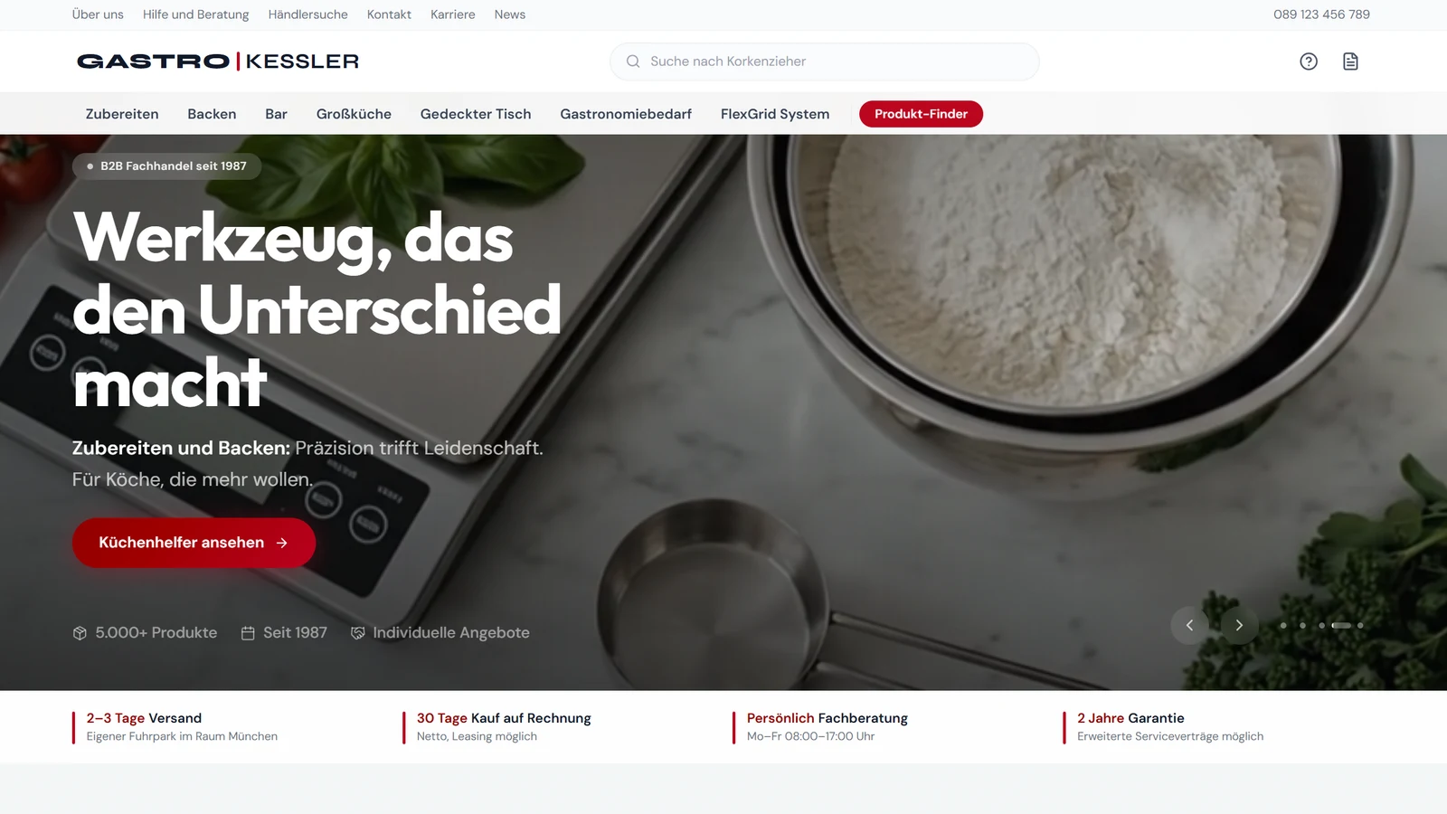 Startseite eines Gastro-Fachhandels: Suche und Sortiment in der Kopfzeile, darunter Versand, Zahlung, Beratung und Garantie auf einen Blick