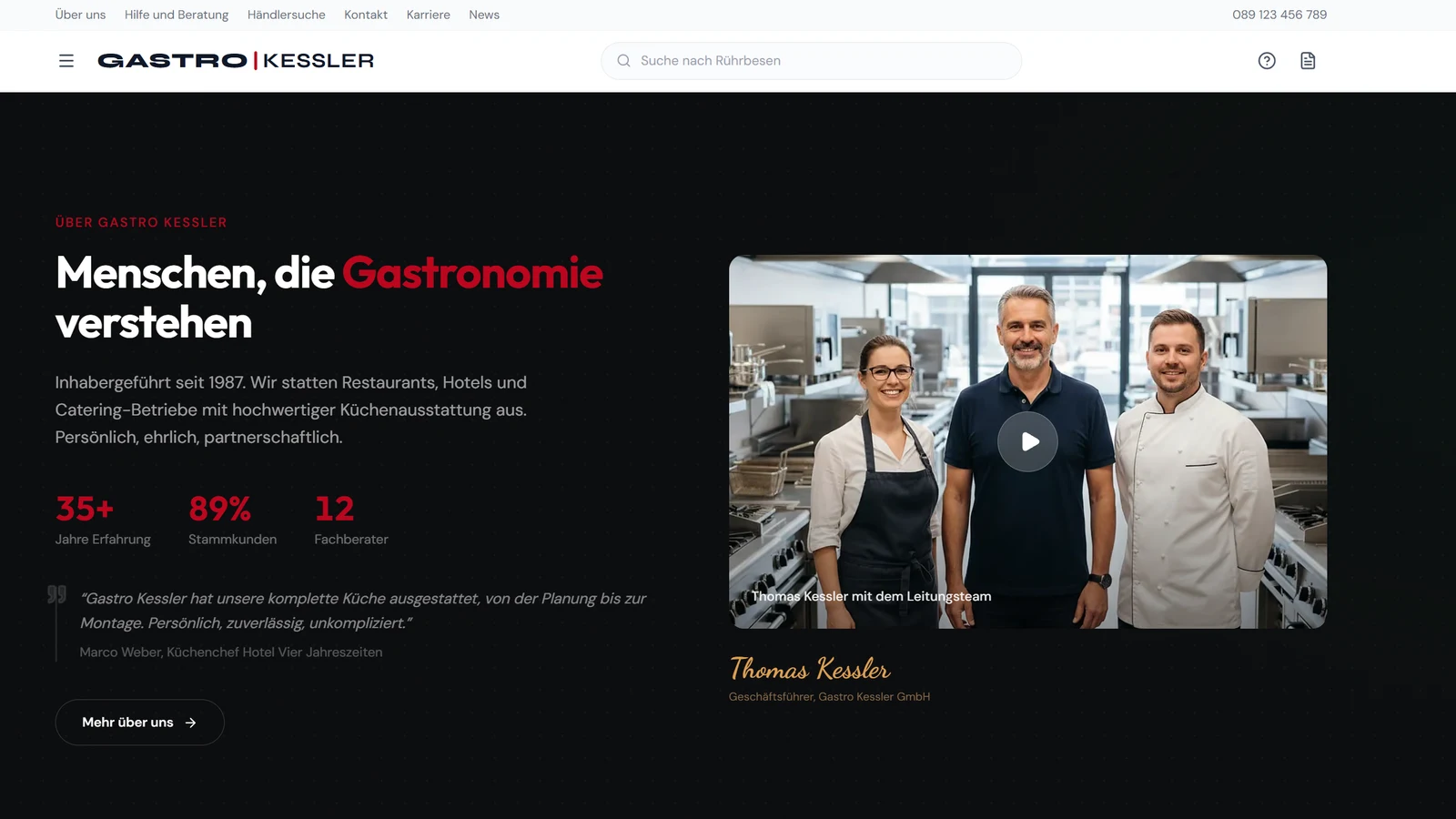Abschnitt über den Betrieb mit Video, Zahlen zur Firmengeschichte und einer Kundenstimme