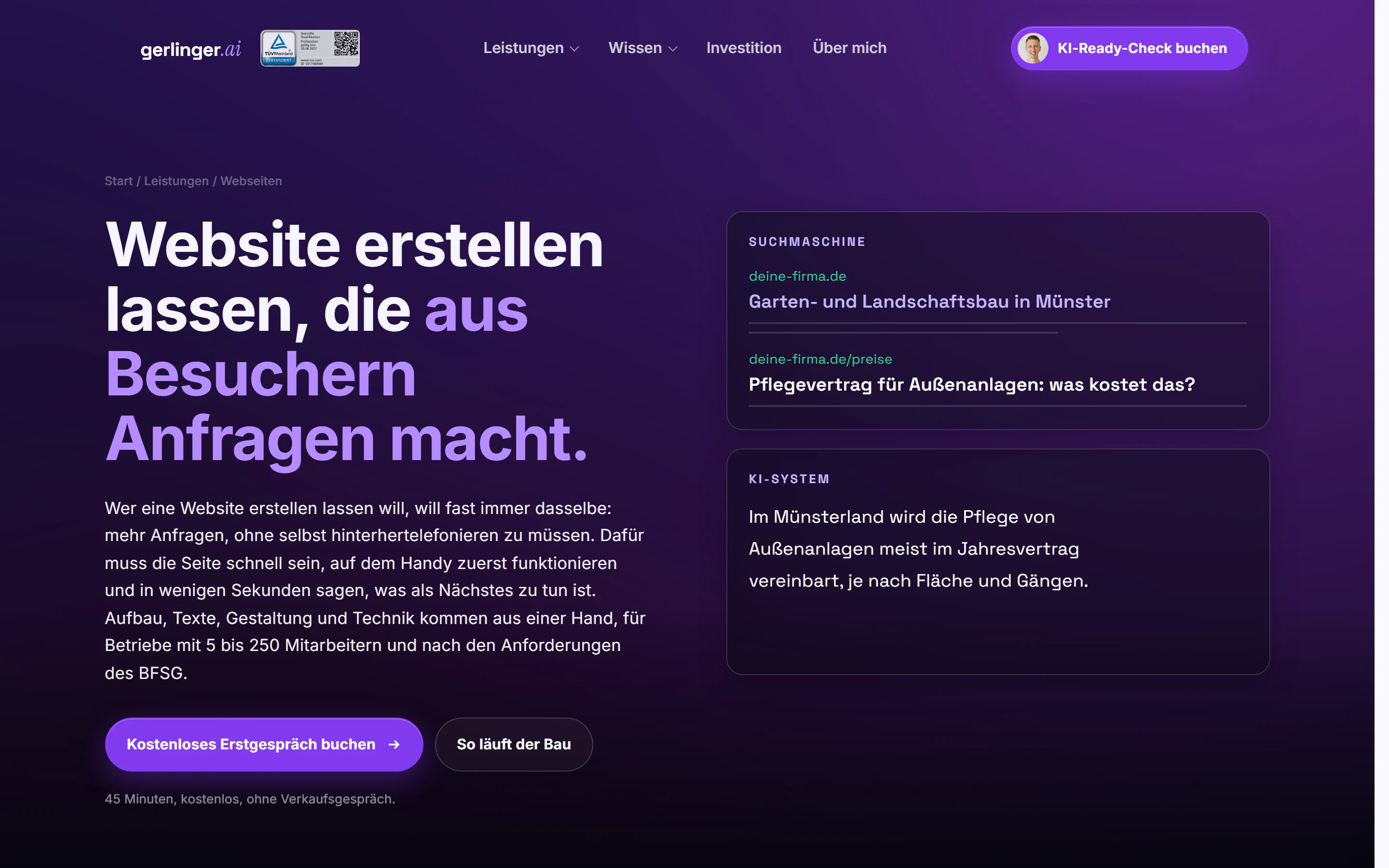 Diese Leistungsseite auf einem Bildschirm mit 1440 Pixeln Breite: Überschrift, Text und Bild nebeneinander