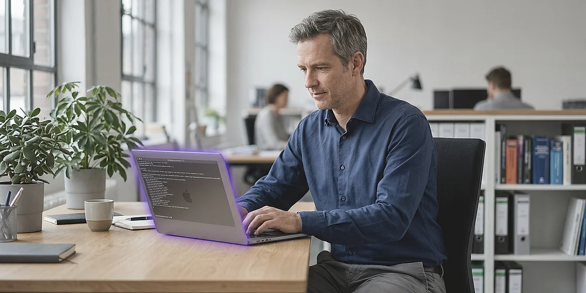 MacBook Pro mit violett leuchtendem Bildschirm auf einem Schreibtisch in einem deutschen Mittelstands-Büro