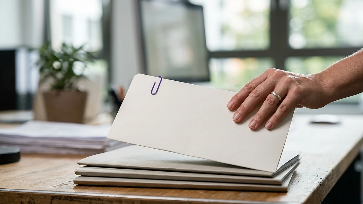 Hand legt eine Bewerbungsmappe auf einen Stapel im Personalbüro