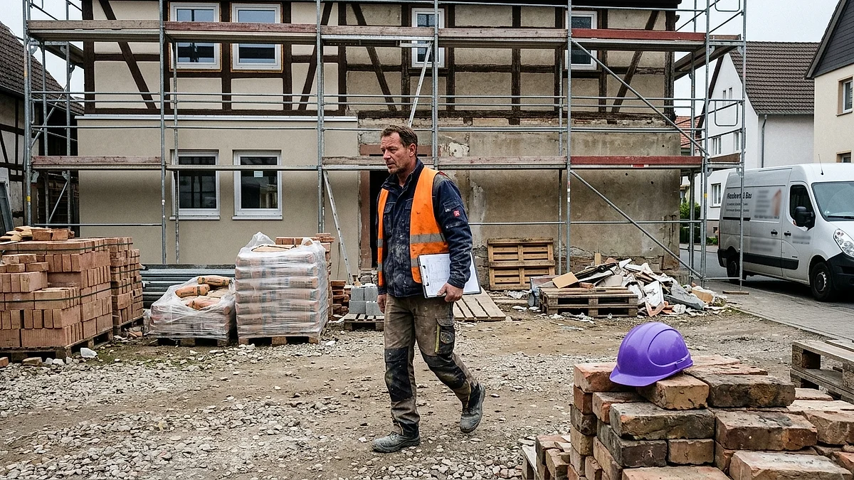 Außenansicht einer Altbau-Baustelle mit Gerüst, Bauleiter mit Klemmbrett läuft über den Hof, lila Bauhelm liegt auf Ziegelstapel