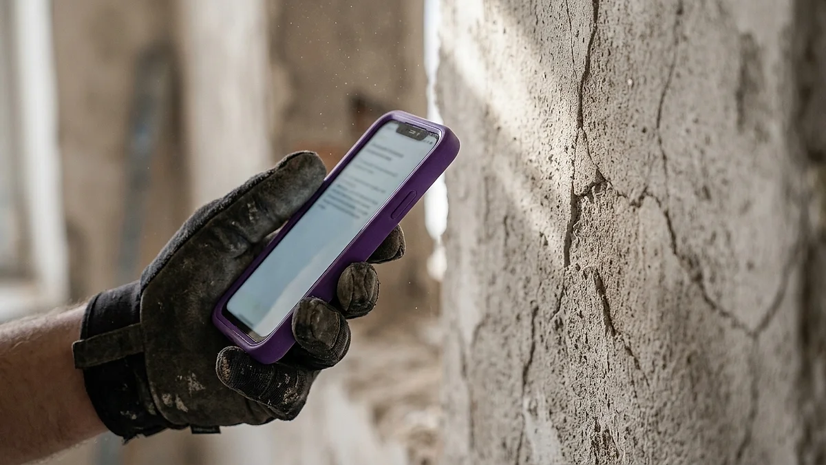 Nahaufnahme einer Hand mit Arbeitshandschuh, die ein Smartphone mit lila Hülle an eine rissige Wand hält