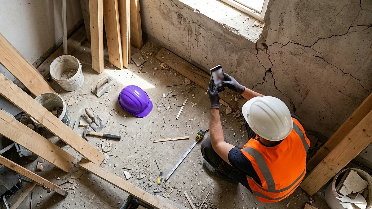 Bauarbeiter fotografiert einen Riss in der Wand mit dem Smartphone, Draufsicht auf die Baustelle mit Werkzeug und lila Bauhelm