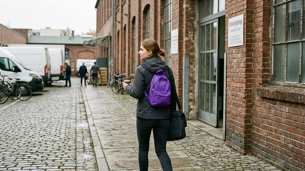 Junge Softwareentwicklerin geht morgens mit Laptoptasche durch die Stadt