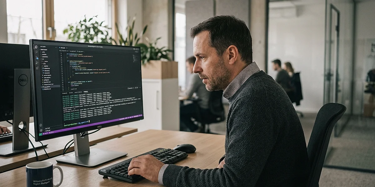 Person arbeitet konzentriert am Terminal mit Claude Code in einem modernen Büro