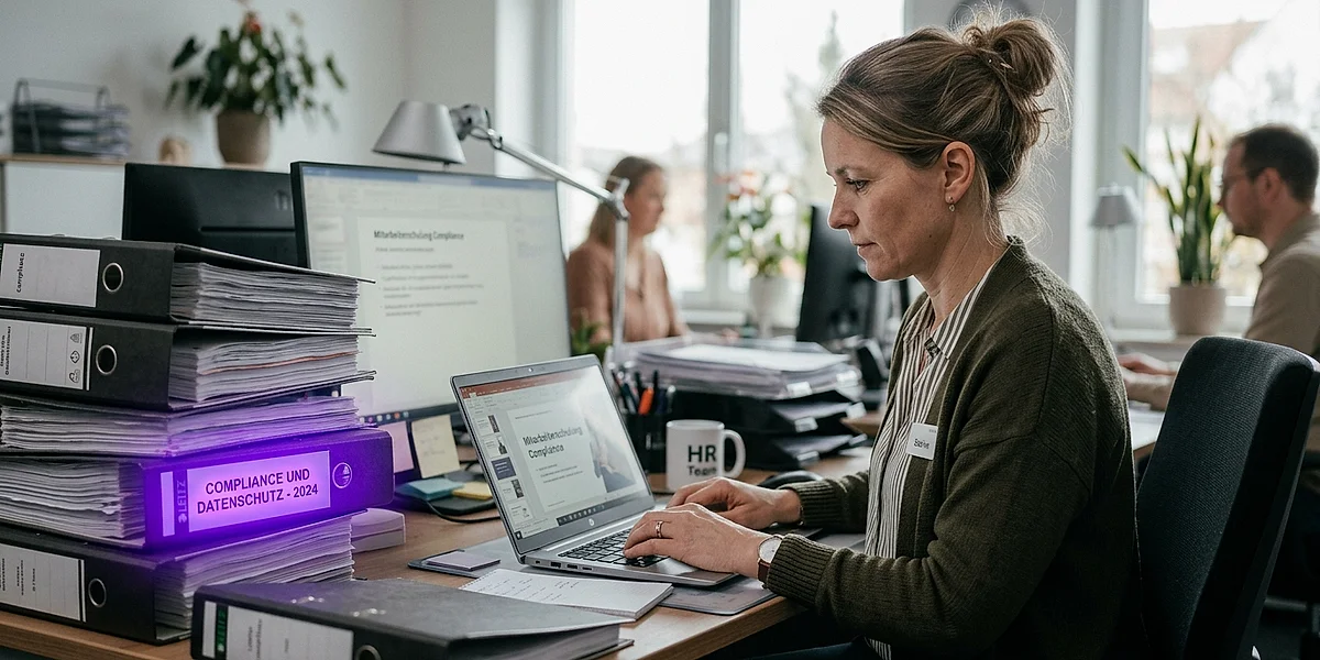 Mitarbeiterin bereitet Compliance-Schulung am Laptop vor, violettes Licht auf dem Bildschirm