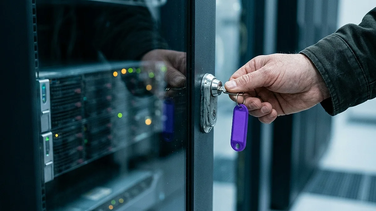 Hand schließt mit einem Schlüssel einen Serverschrank ab