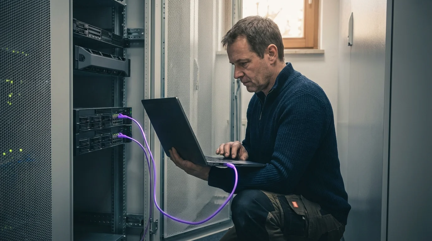 Corporate LLM auf eigenem Server: Rechenzentrum mit violetter Beleuchtung für DSGVO-konforme KI im Mittelstand