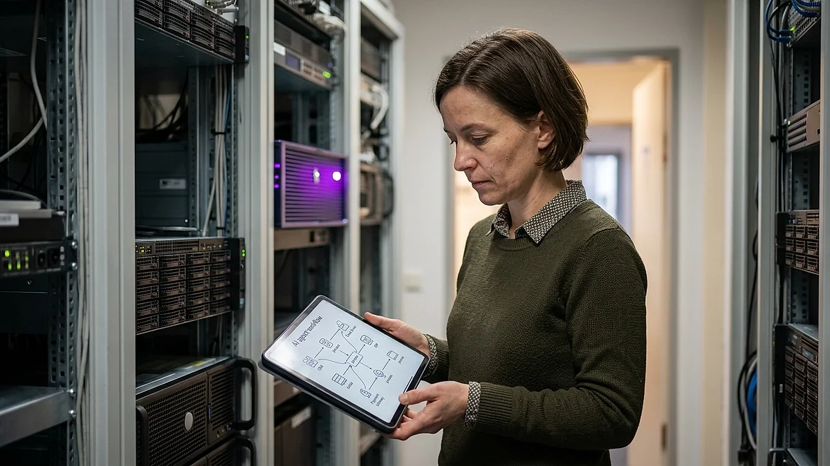 Mitarbeiterin prüft im Serverraum auf einem Tablet das Datenfluss-Diagramm eines KI-Agenten