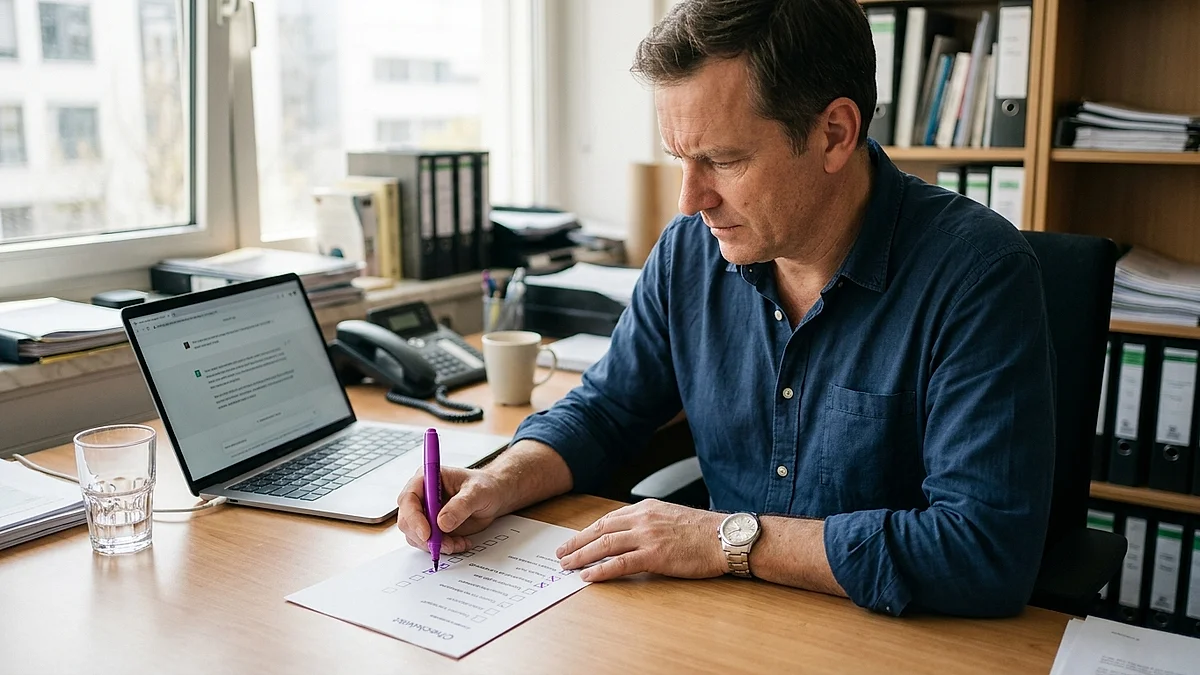 Mitarbeiter geht am Schreibtisch eine gedruckte Checkliste zur DSFA-Pflicht durch, im Hintergrund ein Laptop mit KI-Oberfläche