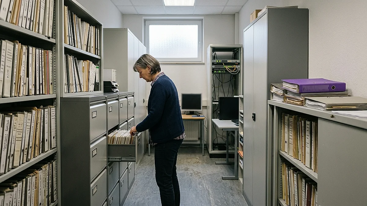 Archivraum mit Aktenschränken und kleinem Serverschrank in einem Unternehmen