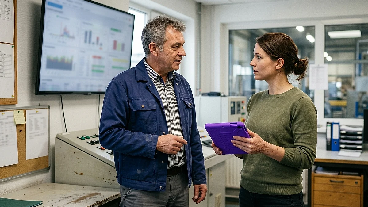 Produktionsleiter und Planerin vor einem großen Bildschirm in der Leitwarte