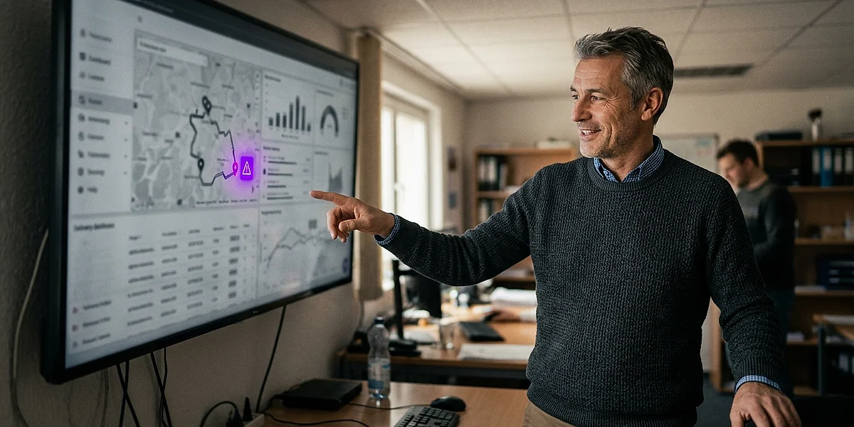 Mitarbeiter analysiert Echtzeit-Dashboard mit gebündelten Datenquellen auf einem großen Monitor