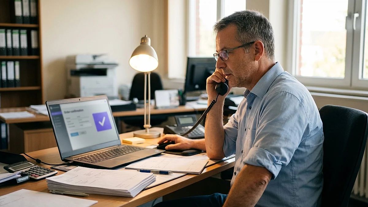 Einkaufsmitarbeiter bestätigt telefonisch eine Lieferantenbestellung am Laptop