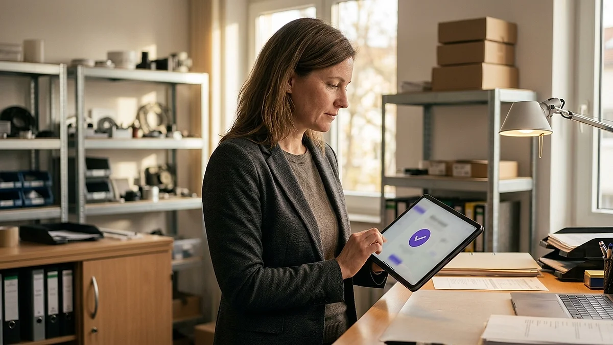 Einkaufsleiterin prüft am Tablet die automatisierte Bestellfreigabe im Büro