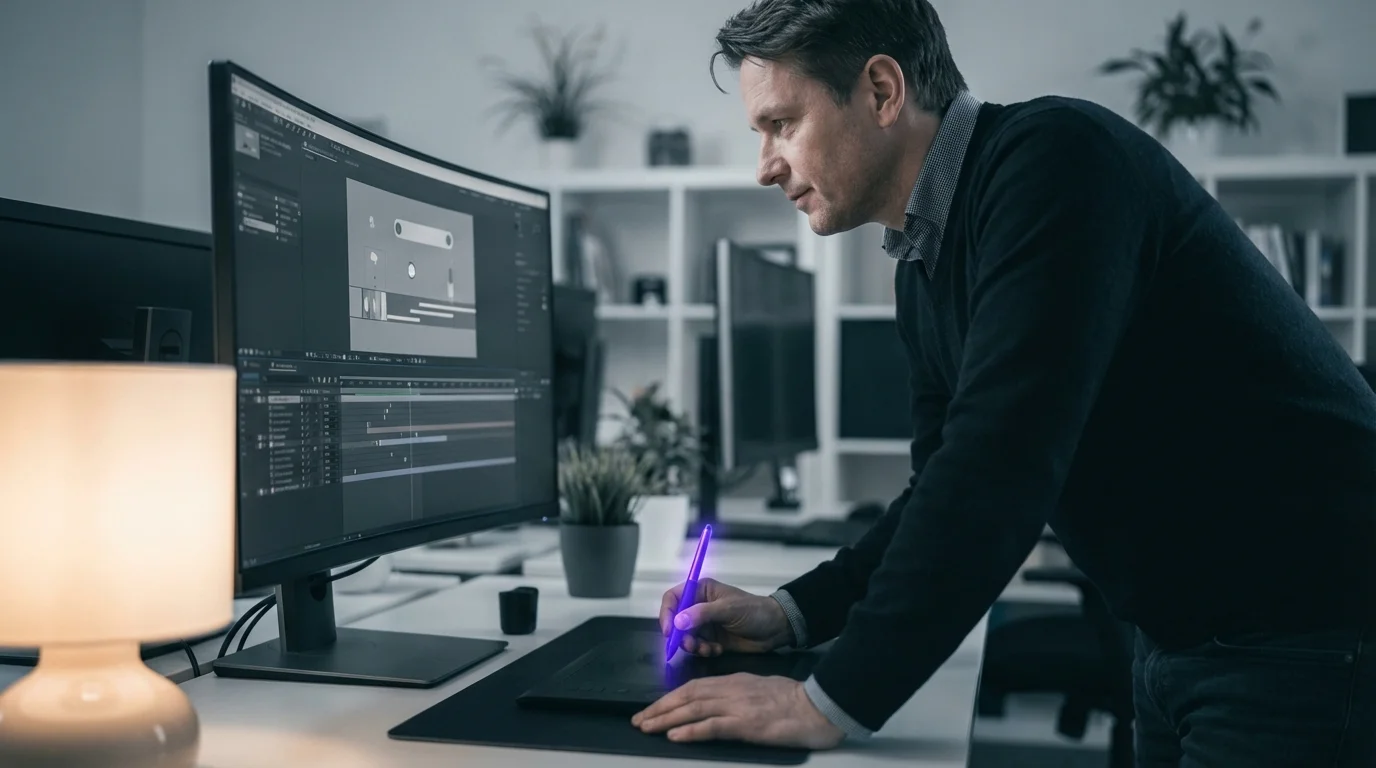 KI-gestützte Videoproduktion: Animiertes Erklärvideo auf einem Monitor in einem dunklen Studio mit violetter Beleuchtung