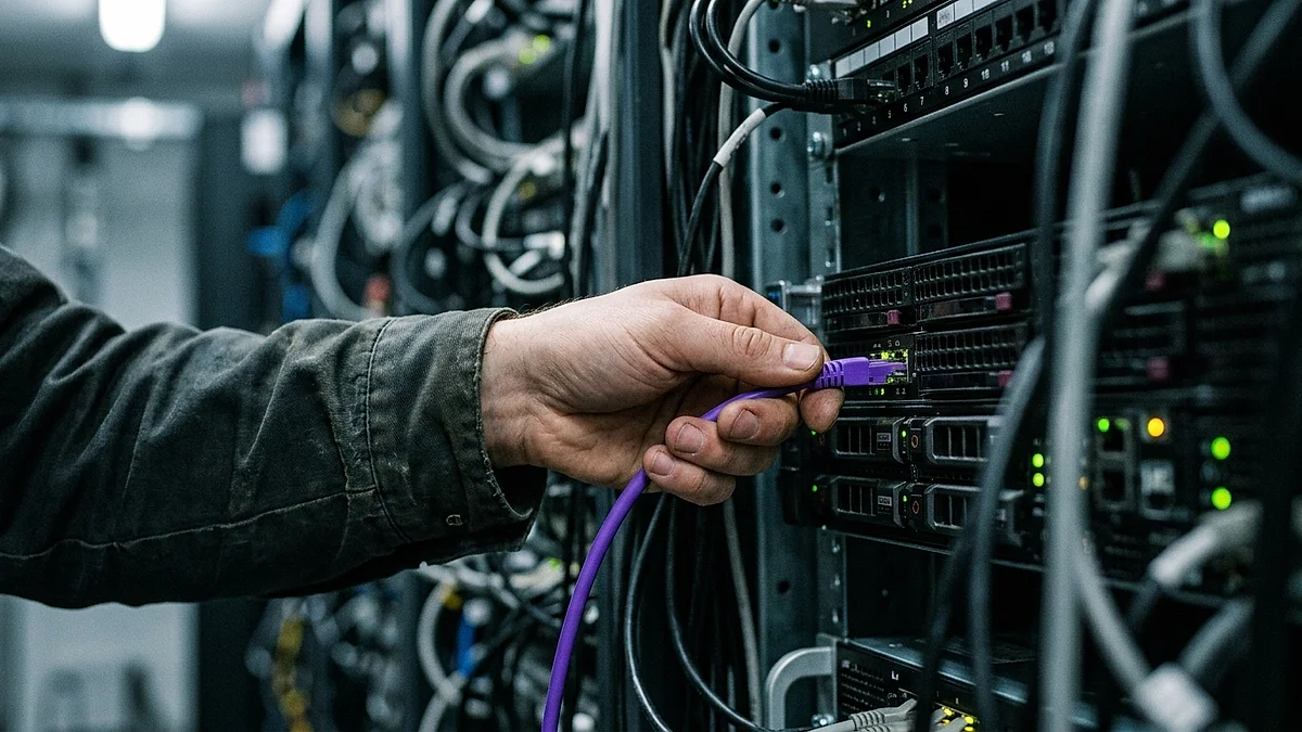 Hand steckt ein Netzwerkkabel in einen Server im Rack