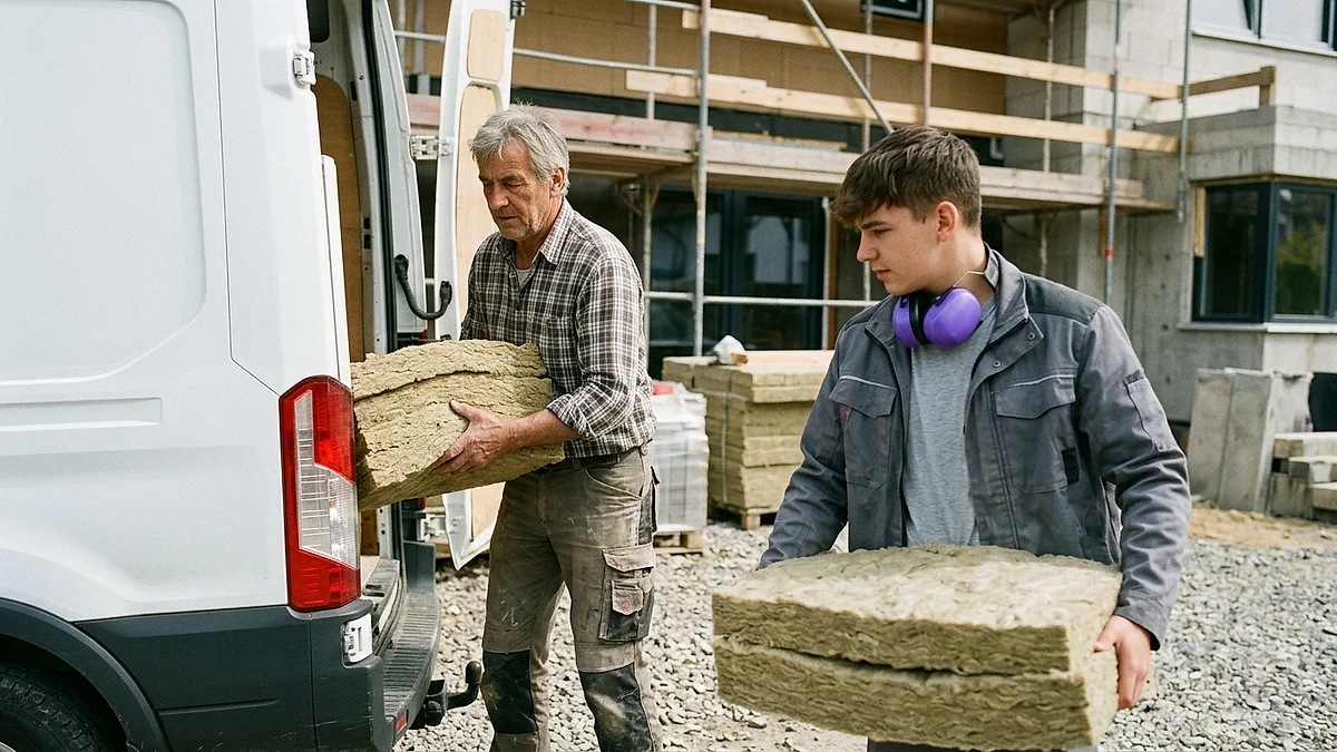 Meister und Auszubildender laden auf einer Baustelle Material aus dem Transporter