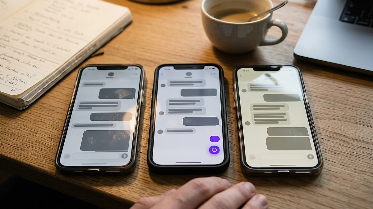 Drei Smartphones nebeneinander zeigen unterschiedliche KI-Antworten von ChatGPT, Perplexity und Google auf demselben Schreibtisch
