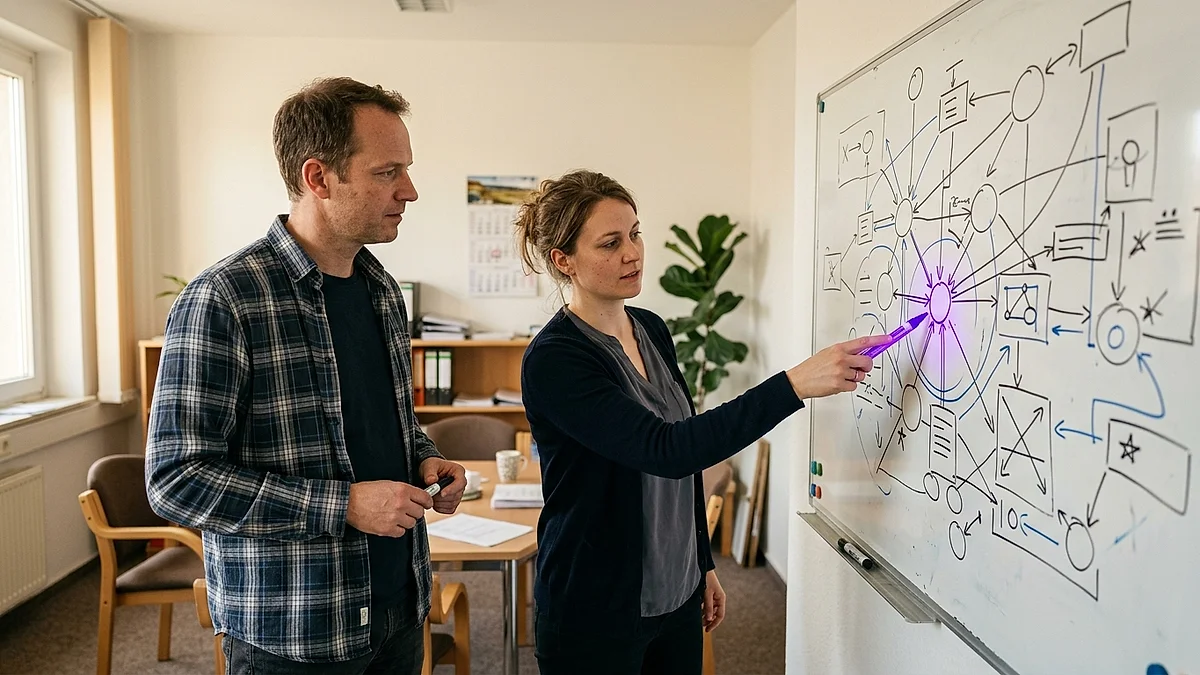 Team bespricht am Whiteboard, mit welchen Inhalten das Unternehmen in KI-Suchmaschinen sichtbarer wird