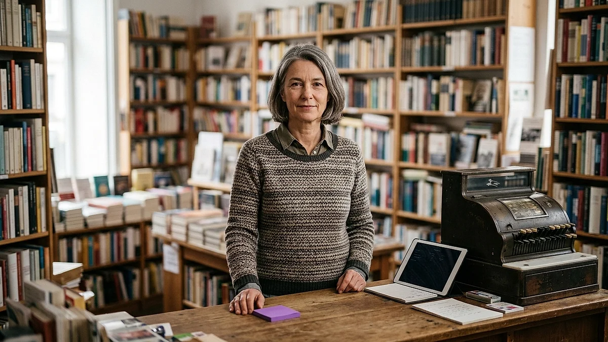 Inhaberin eines kleinen Buchladens steht ruhig an der Ladentheke, im Hintergrund gut gefüllte Bücherregale