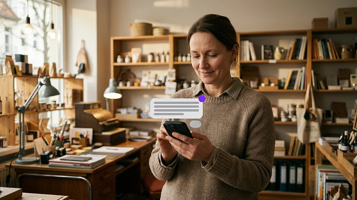 Geschäftsführerin liest auf dem Smartphone eine ChatGPT-Antwort, die ihr Unternehmen empfiehlt