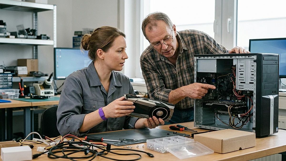 Zwei Techniker bauen eine Grafikkarte in einen Arbeitsplatzrechner ein