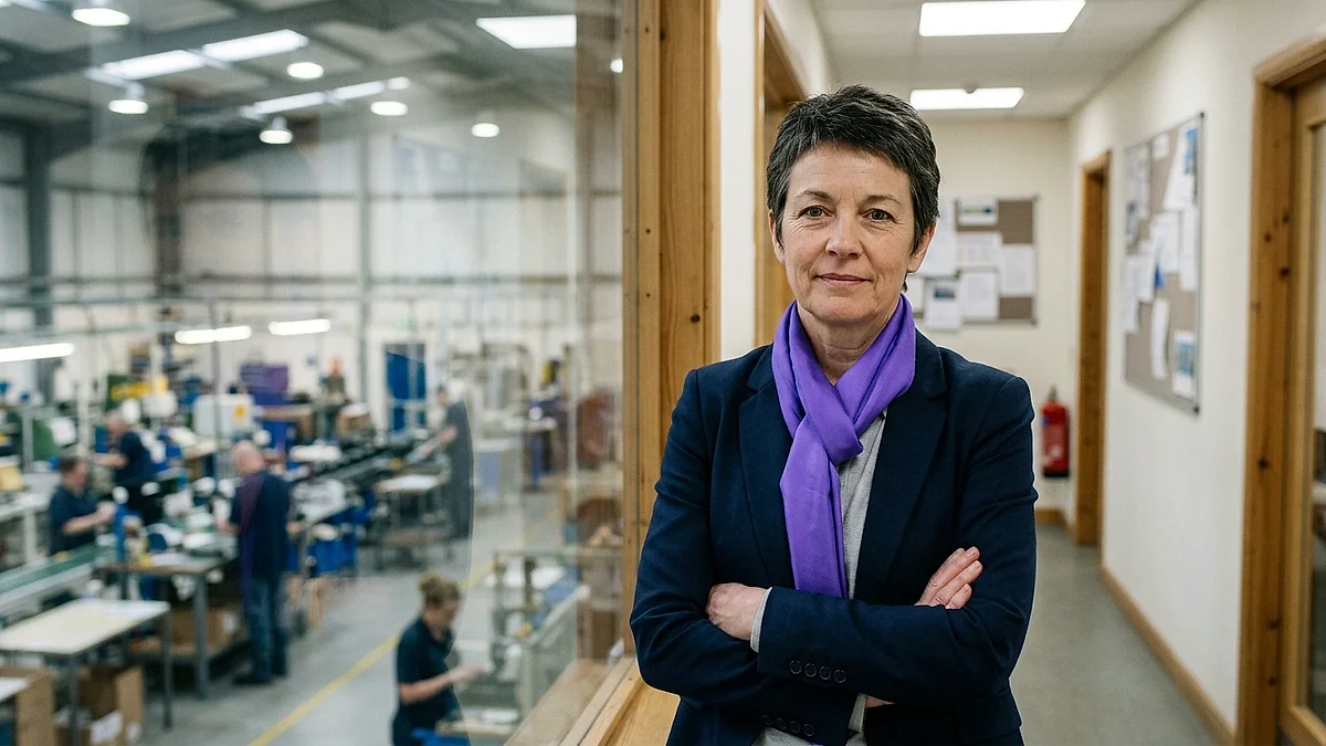Personalleiterin im Flur einer Produktionsfirma mit Blick in die Halle